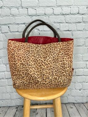 Neiman Marcus Leopard Print Tote with Red Interior and Brown Handles